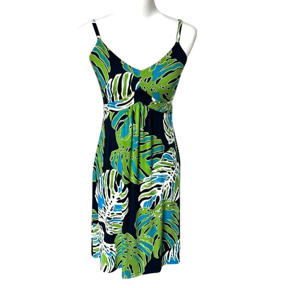 TOMMY BAHAMA Woman Small Green Blue Midi Dress Tropical Palm Island Beach Empire - Picture 1 of 9